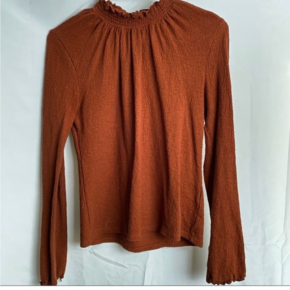 Madewell Texture & Thread Long Sleeve Mock Neck Lettuce Hem Rust Top Small - Picture 2 of 6